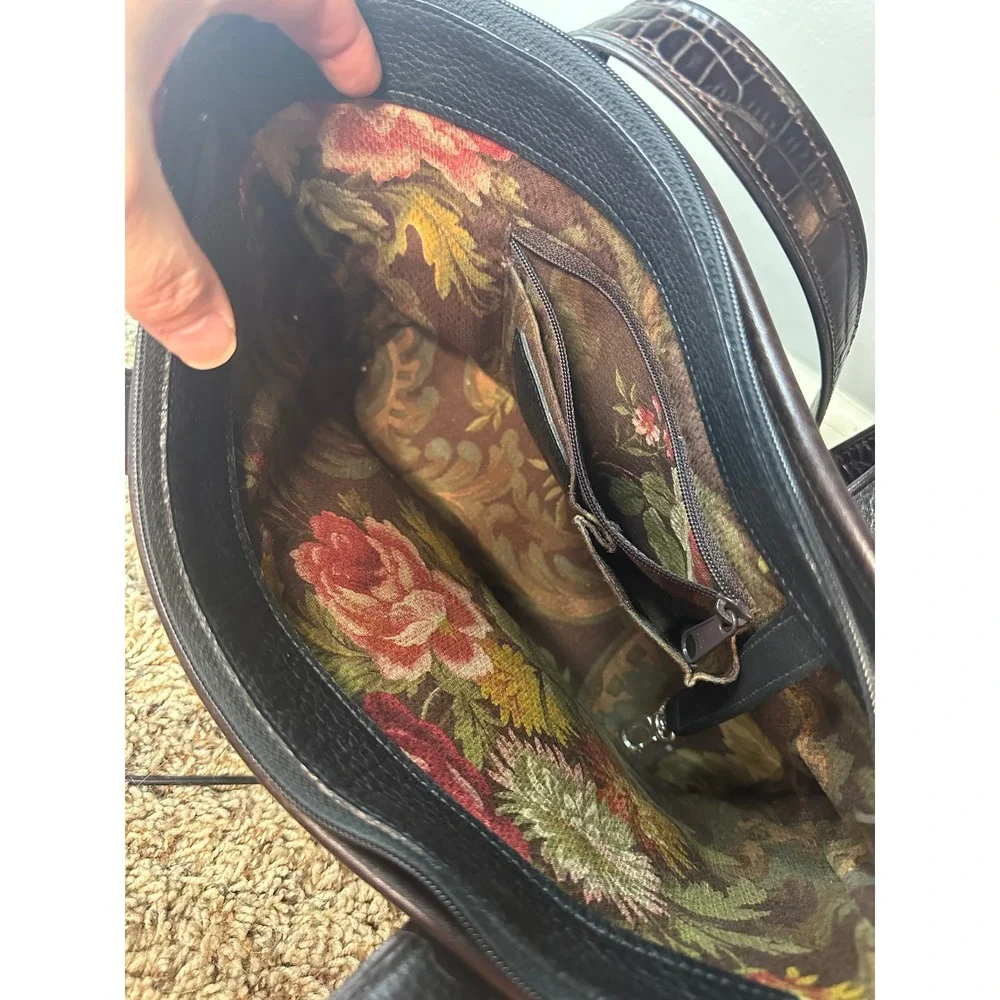 Brighton Black Pebbled Leather Croc Trim Tote Bag Floral Lining A510698‎